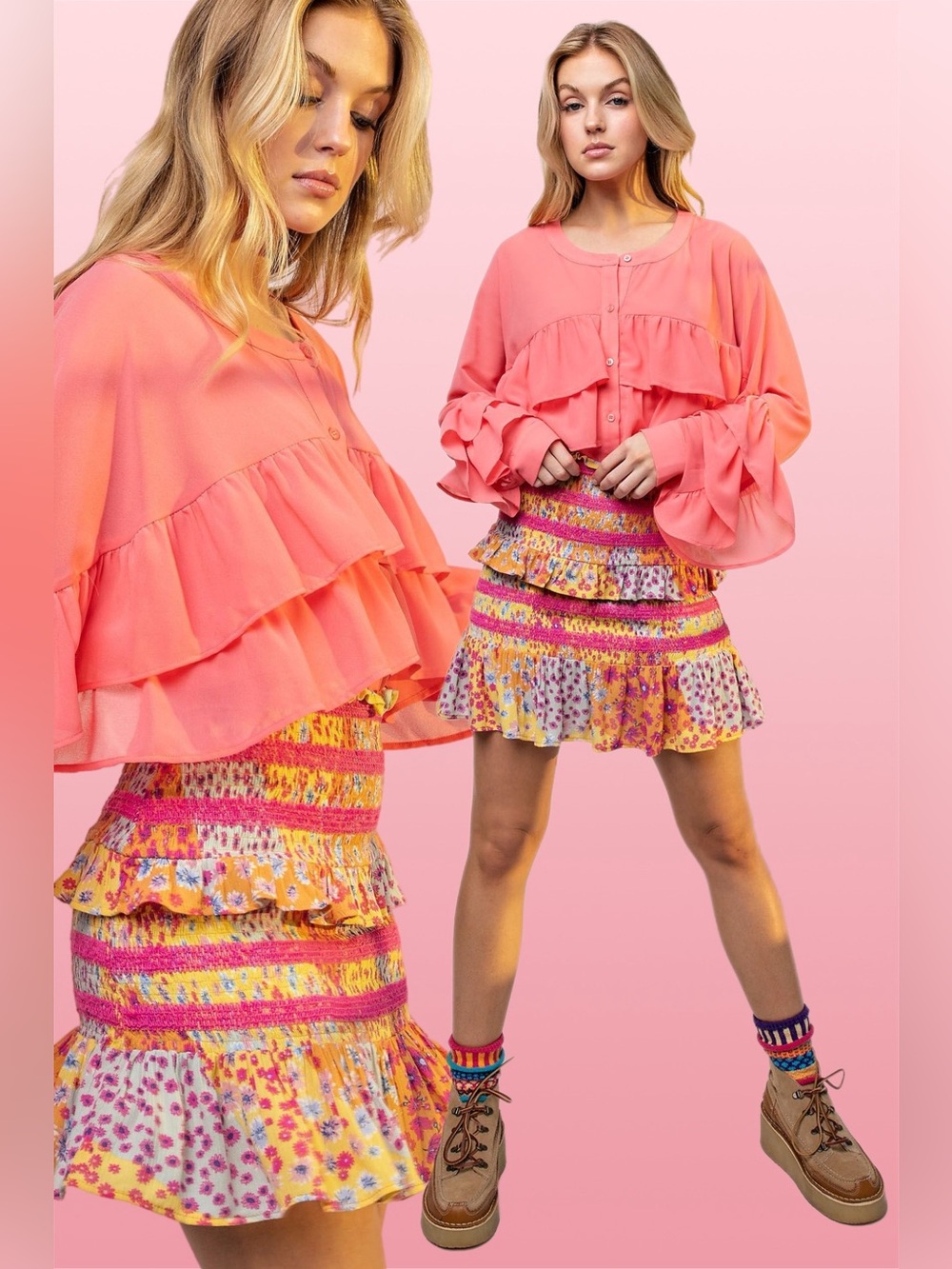 Easel | Zinnia Patchwork Tiered Mini Skirt Colorful Floral Whimsy Boho New Small